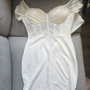 privy Cream One-Shoulder Bodycon Dress with Sheer Bust